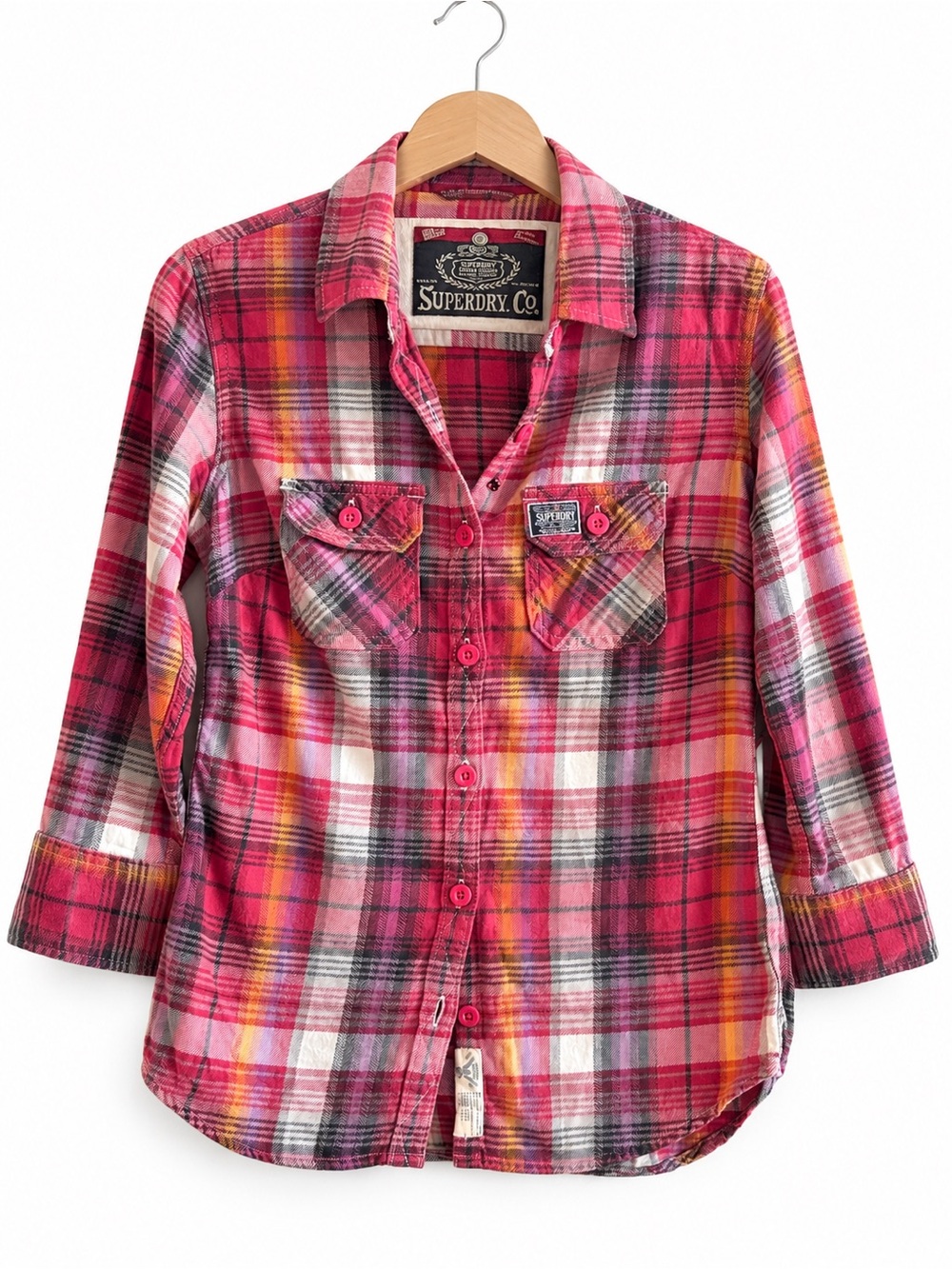 Superdry Plaid Flannel Shirt Pink Red Tartan 100% Cotton M